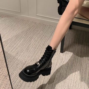 Women Lace Up Platform Boots Chunky Heel <b>Ankle</b> <b>Booties</b> with Metal Buckle Zipper Design Height Increasing Casual Fashion - Product Image 1