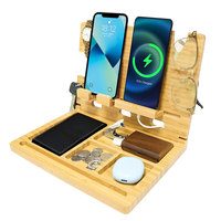 Home Bamboo Wood Standing Multifunction Desktop Organizer Cell Phone Charging Stand Shelf Foldable Box Bedside Table Storage