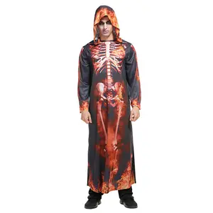 Hombres Burning Skeleton Disfraces Bata Cosplay Negro Nueva Bata con capucha Traje de calavera