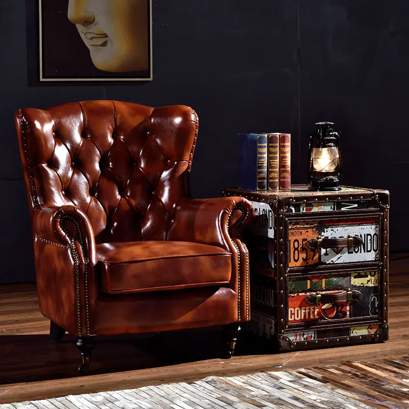 American Style Wood Frame Upholstered Genuine Leather Armchair Brown Wingback Chair