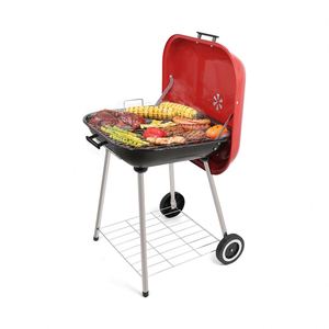 Barbecue pliant de luxe moderne de 18 pouces en émail rouge pour 3 à 5 personnes avec chariot mobile et étagère en bois, facile à nettoyer, idéal pour les fêtes en patio/jardin - Vente en gros - Product Image 1