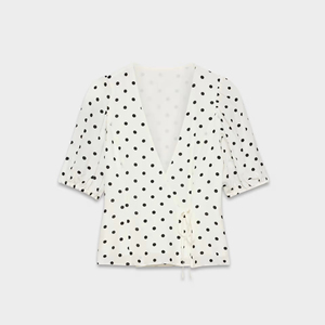 Blusa Elegante Blanca con Estampado de Lunares, Cuello en V, Manga Corta Abullonada, Cintura con Lazo, de Chifón, para Uso Casual y de Oficina - Product Image 6