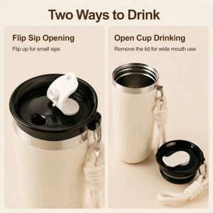 Gobelet isotherme en acier inoxydable 350ML 500ML avec couvercle et poignée en corde, tasse de voyage thermique portable pour voiture et bureau - Product Image 4