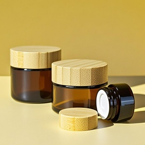 Natural Bamboo Cosmetic Packaging 5g 15g 30g 50g 100g Amber Glass Cream Jar with Bamboo <b>Cap</b> - Product Image 1