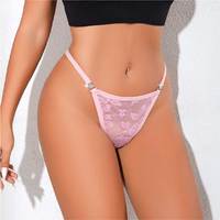 Culotte string rose transparente en dentelle florale avec boucle strass, taille basse, style européen séduisant