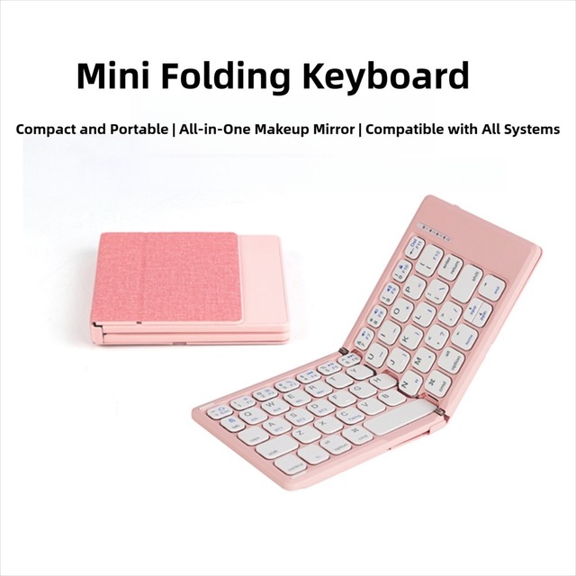 Portable Ultra Thin Foldable Wireless Keyboard with Scissor Switch HD Makeup Mirror Multi-Device Compatible for Android IOS