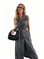 Robe longue en jean décontractée pour femme 2026, sans manches, avec dentelle et boutons, couleur unie, grande taille, avec poches sur le devant
