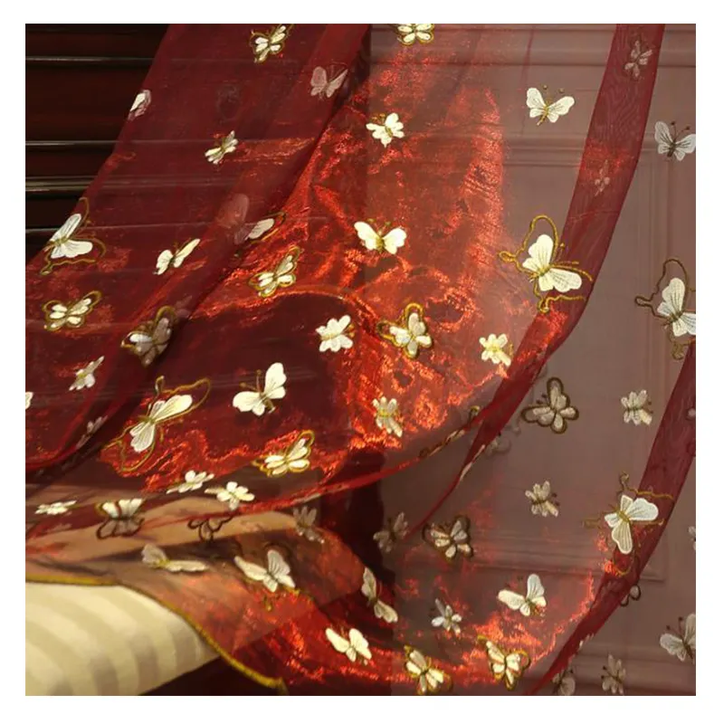 Bonfull Red Modern Patterned Sheer Curtain Embroidered Sheer Curtain Fabric With Butterfly