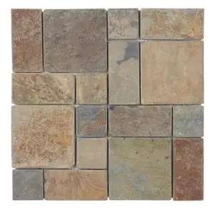 方形铁锈块混合石石板老式砖墙和地面大理石马赛克瓷砖