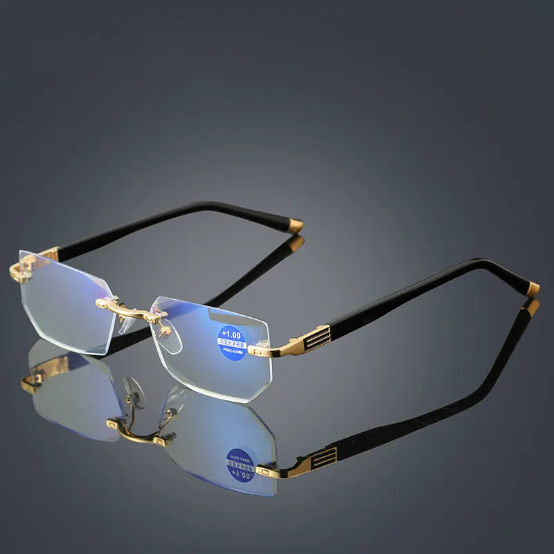 Компьютерные квадратные голубые световые блокирующие металлические очки без оправы для чтения, оптовая продажа, готовые в наличии для женщин и мужчин