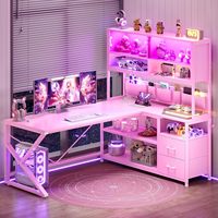 Étagères de rangement, bureau d'ordinateur d'angle réversible, bibliothèque de bureau, armoire en verre, bureau de jeu rose en forme de L