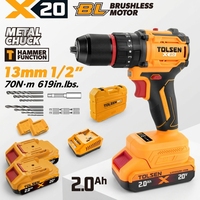 Perceuse sans fil industrielle TOLSEN 96416 20V Li-ion sans balais avec déclencheur à vitesse variable