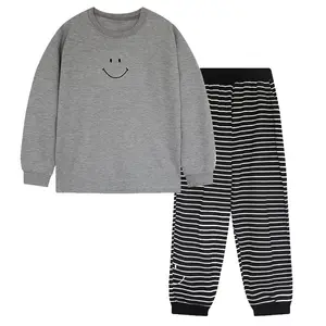 Fabriek Groothandel Wafel Pyjama Set Vrouwen Casual Losse Streep Plus Size Lange Mouw Broek Huiskleding Pj Set