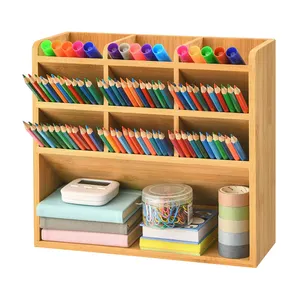 Multi-Functional Art Supply Organizer Bamboo Pen Organizer Pencil Pen Holder with 9 Compartments Storage Desktop Stationary