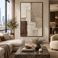 Peinture sur toile abstraite texturée 3D verticale beige-brun, texture architecturale, pour la décoration de couloirs d'hôtels, villas et bureaux
