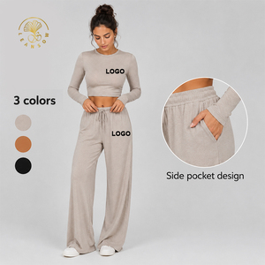 Conjunto Deportivo de 2 Piezas con Logotipo Personalizado del Fabricante, Color Sólido, Informal, Manga Larga, Cierre con Cordón, Pantalones Anchos, para Yoga - Product Image 1