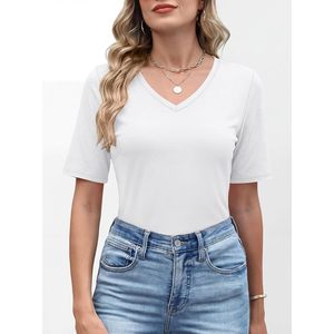 T-shirt à col en V pour femme, manches courtes, coupe basique, décontracté, respirant, tricoté, à porter au quotidien - Product Image 2