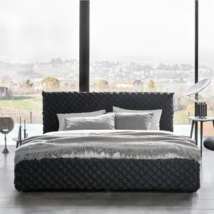 Manufacturer Wholesale Modern Wave Design Fabric King Queen Size Bed Bedroom Furniture Upholstered Tufted Wooden Bed Frame