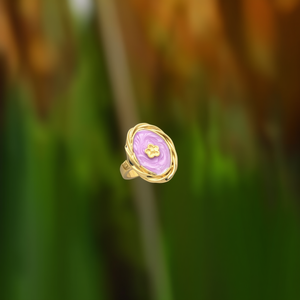 Fashion <b>Ring</b> 316L Stainless Steel PVD <b>Gold</b> Plating Purple Oval Stone Flower Design - Product Image 3