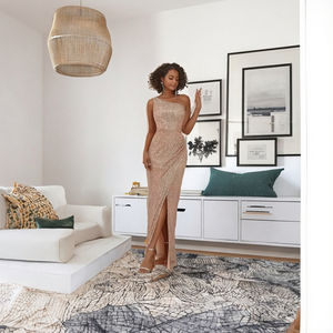 Nouvelle robe de soirée en mousseline de soie à sequins dorés à une épaule, style printemps-été, travail lourd, couleur bonbon, queue de poisson, taille naturelle - Product Image 3