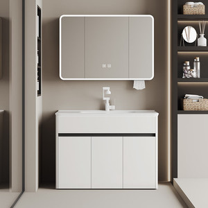 Nouvelle armoire de salle de bain de luxe blanche sur pied avec lavabo intégré en céramique et meuble vasque combiné - Product Image 1