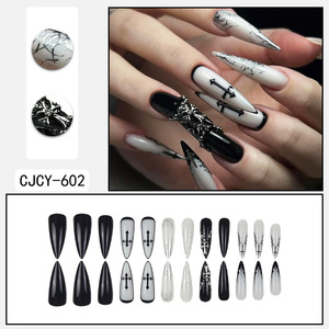 Faux ongles longs à talon aiguille, noirs et argentés, en ABS, couvrance totale, motif croisé, pointus, 24 pièces - Product Image 4