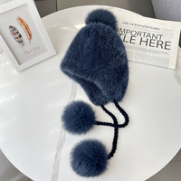 Chapeau Ushanka en fourrure de vison tricoté pour femme, style coréen mignon, avec pompon en fourrure de renard, chapeau en fourrure extensible avec cache-oreilles