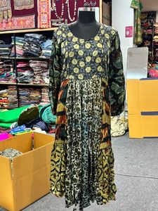 Robe Anarkali à imprimé floral, maxi bohème, ethnique, évasée, imprimée à la main, coupe A, 100% coton, patchwork, 6XL - Product Image 2