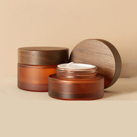 Set Kemasan Kosmetik Kaca Amber Buram Ramah Lingkungan Kustom Grosir, Botol Krim & Lotion Mewah dengan Tutup Bambu Alami