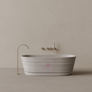 <span class=keywords><strong>Baignoire</strong></span> en pierre ovale blanche Calacatta fabriquée à la main avec détail linéaire sculpté pour salles de bain contemporaines et d'inspiration spa - Product Image 5