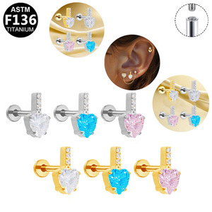 Heart Shaped Zircon <b>Stud</b> <b>Earrings</b> With Chain Women's Everyday Wear Titanium Alloy Claw Setting Fashion Jewelry - Product Image 4