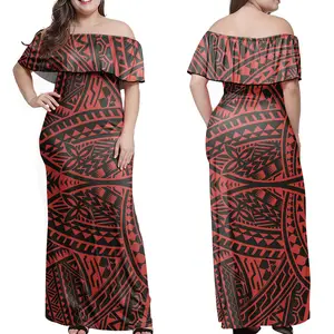 Merah Polinesia Suku Desain Cetak Off Bahu Ruffle Panjang Gaun Atas Wanita Plus Ukuran 4XL Lengan Lengan Pendek