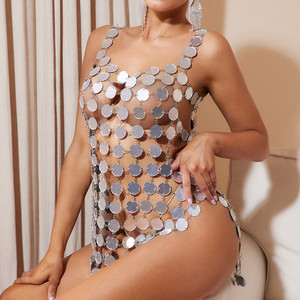 Tenues de fête Bling Rave évider Mini <span class=keywords><strong>robe</strong></span> fendue Hot Sexy Cover up Dress Sequin Body Chain Dress - Product Image 3