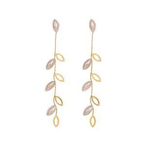 Carline 18k Gold Plated Fashion Wholesale Trendy Stainless Steel Long Tassel Pearl Stem and Leaf Earrings Jewelry for Women