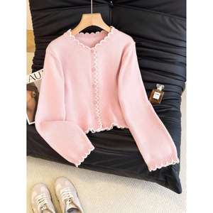 Ruffle Trim Long Sleeve <b>Cardigan</b> Black And <b>White</b> Women's Knitwear - Product Image 5