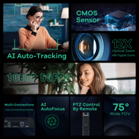 Sistema de Cámara PTZ TONGVEO con Zoom Óptico de 12X, Seguimiento Automático por IA, 1080P 60fps/4K para Transmisión en Iglesias, Videoconferencias en Línea