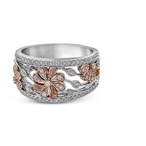 Anello da Donna F319 in Oro Bianco con Diamanti e Design Floreale in Oro Rosa, Fede Nuziale con Diamanti Naturali Taglio Brillante Rotondo Colore G - Product Image 3