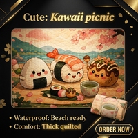 Tapis de pique-nique matelassé extra large, imperméable, pliable, style japonais, imprimé kawaii, pour la plage et le camping