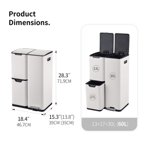 Contenedor de Reciclaje de Acero Inoxidable Blanco de 60L con 3 Compartimentos y Botón de Pedal en la Parte Superior, Cubo de Basura para Cocina - Product Image 2