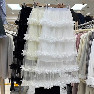 Nouvelle arrivée printemps mode dame taille élastique <span class=keywords><strong>en</strong></span> cascade volants fleur déco Sexy <span class=keywords><strong>Tulle</strong></span> maille longue <span class=keywords><strong>Beige</strong></span> noir jupes - Product Image 1