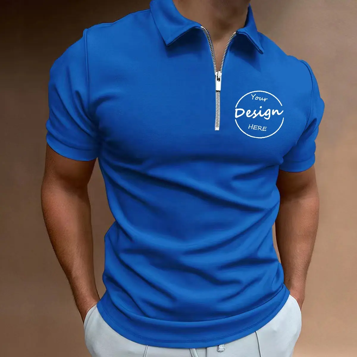Özel tasarım erkek T Shirt nefes hızlı kuru yüksek sokak fermuar T-shirt boş toptan dijital baskı Zip Polo GÖMLEK