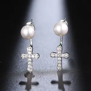 Fashion Crystal Cross Dangle Earrings Detachable Pearl Earrings Silver Stud For Women