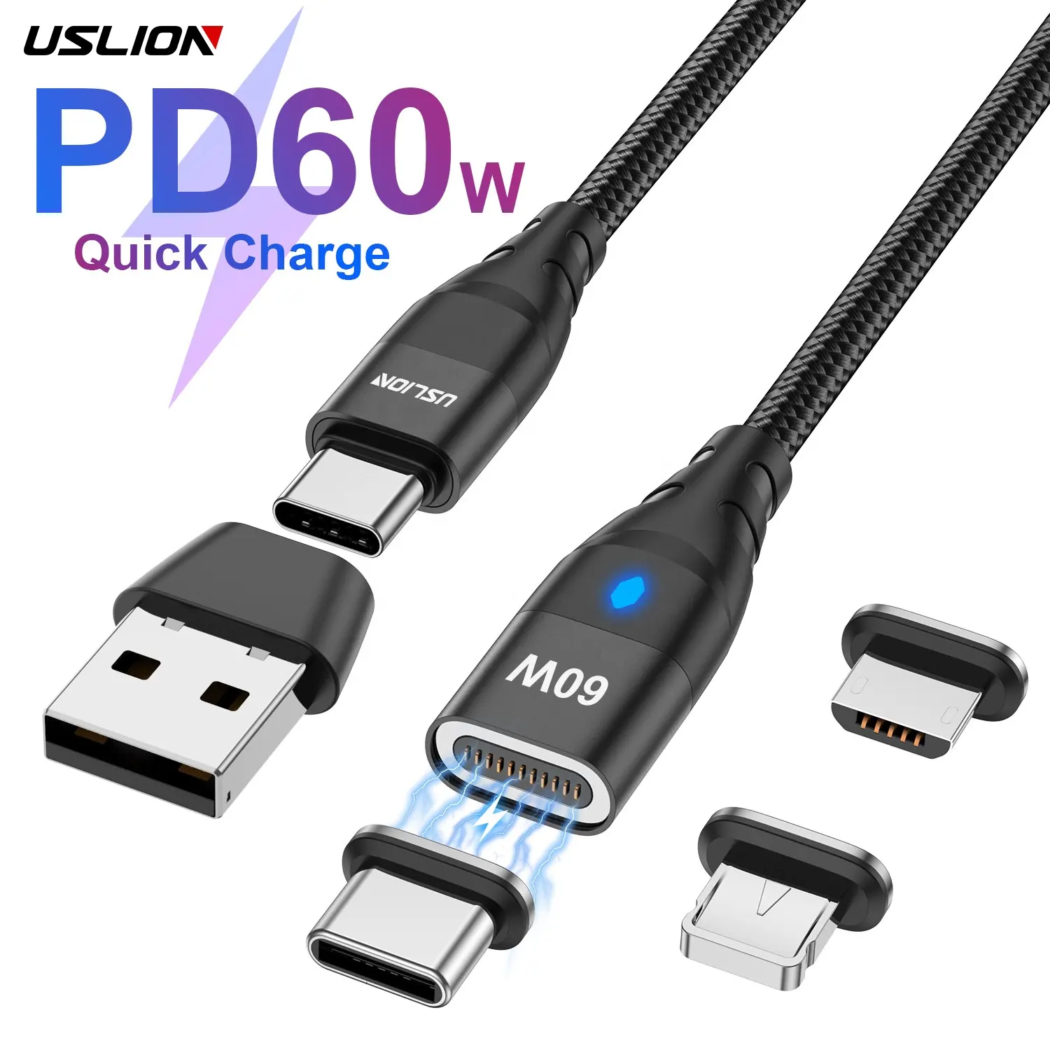 USLION 6 in 1 PD60W 3 in 1 USB Cable Type C Magnetic Cable Charger Charging Data Cable Magnet Micro USB for iphone Laptop Tablet