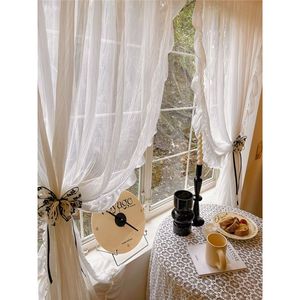 Gasa plisada prensada a presión <span class=keywords><strong>de</strong></span> viento en crema <span class=keywords><strong>de</strong></span> súper Hada francesa con <span class=keywords><strong>volantes</strong></span> para sala <span class=keywords><strong>de</strong></span> estar cortina transparente blanca plisada - Product Image 2