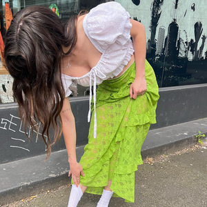 Jupe longue mi-mollet en mousseline unie à taille haute et dentelle pour femme, style européen et américain, mode estivale - Product Image 3