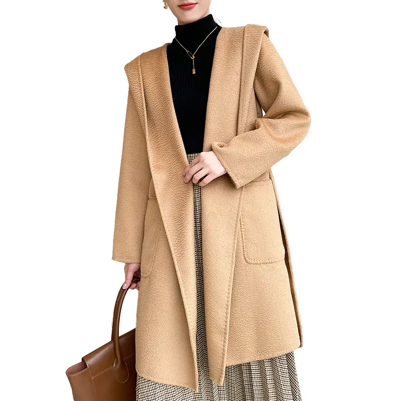 Cappotto lungo personalizzato in Cashmere Trench in vera lana da donna con cappuccio grande