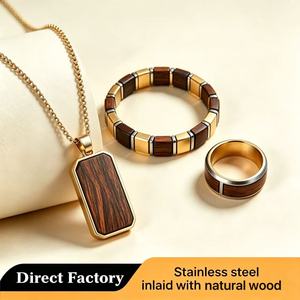 Juego de Joyería para Hombre de Acero Inoxidable 316L con Incrustaciones de Madera, Collar con Colgante de Madera de Nogal, Pulsera y Anillo, Regalo - Product Image 1