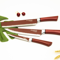 Set Pisau Dapur Premium 5pcs, Pisau Chef Super Tajam, Lapisan Anti Lengket Merah Vintage, Baja Tahan Karat, Peralatan Masak