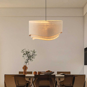 Japanese Wabi Sabi Linen Chandelier Round E27 Led <b>Light</b> For <b>Dining</b> Living Room Bedroom Study Tea Room - Product Image 3