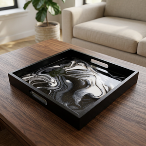 Plateau de service moderne en résine effet marbre noir de luxe - Compatible lave-vaisselle et portable - Product Image 3